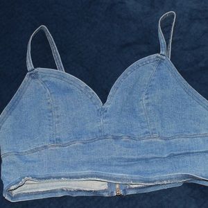 Denim bralette with gold zipper